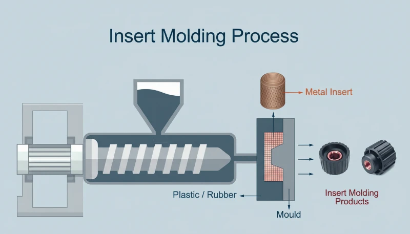 Insert molding process diagram with metal inserts
